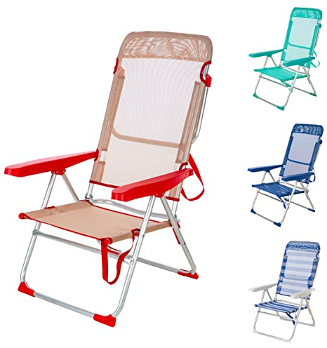 Creaciones Llopis Silla de Playa Alta Reclinable Convertible en Tumbona 4 Colores Disponibles (Crema Rojo)