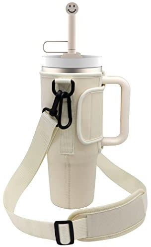 Bolsa Porta Botella de Agua Para Stanley Tumbler, Portabotellas con Funda de Pajita de Silicona Reutilizable, Correa Ajustable para El Hombro Y Mosquetón, para Viajes, Camping (30 Oz, Blanco)