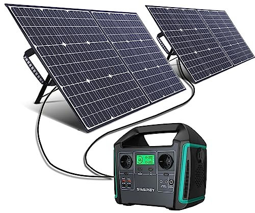 SWAREY Générateur Electrique Portable 1000W avec 2PCS Panneaux Solaires Pliable Batterie Externe 220V Sortir AC/USB/Type-C/QC 3.0 (1000W+2x100W)