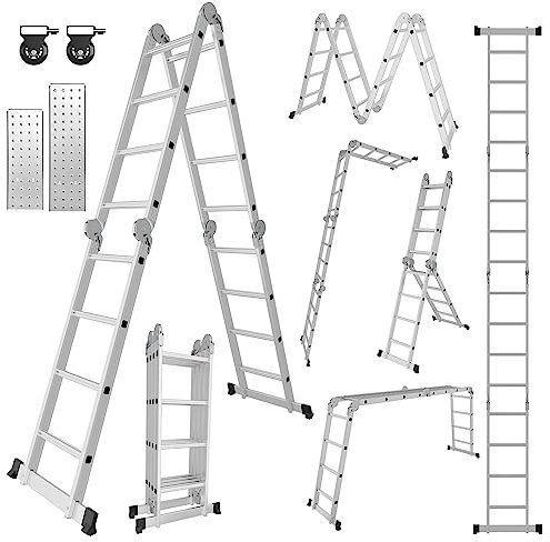 Yakimz Scala multiuso in alluminio, 4 x 4 gradini, 470 cm, pieghevole, con 2 piastre e 2 ruote, scala domestica, 16 gradini, carico massimo 150 kg