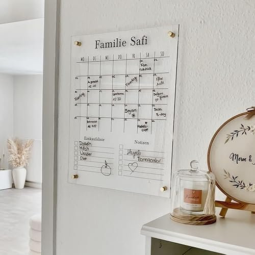 Wunsch Kalender - personalisierter Wandkalender - Organize and Style Kalender - wiederverwendbarer Kalender aus Acrylglas - Familienplaner abwischbar - Hingucker für jeden Raum