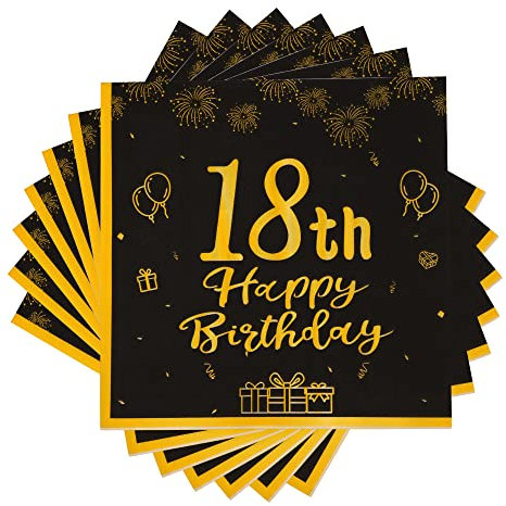 TOPWAYS 18 Geburtstagsdeko Servietten, Schwarz Gold Papier Party Servietten, Happy Birthday 18 Mann Frau Happy Birthday Servietten Decorations 60 Stück (70 geburtstag)