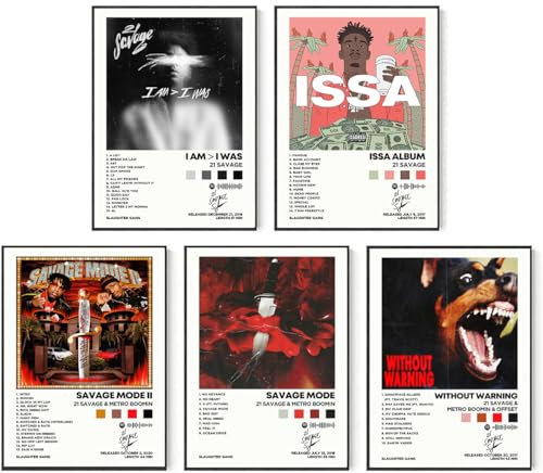 21 Savage Albumcover, signierte limitierte Poster, Druck, Rapper, Musikposter, Leinwand, Wandkunst, Raumkunst, ästhetisches Set mit 5 Stück, für Teenager und Mädchen, Wohnheim-Dekoration, 20,3 x 25,4