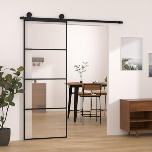 Gecheer Porta,Scorrevole,con Set Binario,con Ferramenta,in Vetro ESG e Alluminio,Nero e Trasparete,76x205 cm,3 Barre Orizzontali,Set Porte Sorrevoli con Kit Binario,Porta Scorrevole in Vetro