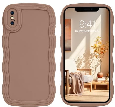 DOMAVER Case for iPhone X, iPhone XS Case with Cute Curly Wave 5.8 inch, Soft TPU Silicone Slim Fit Shockproof Phone Case for Girls Women Men, Full Body Protective iPhone X/XS Cover, Khaki