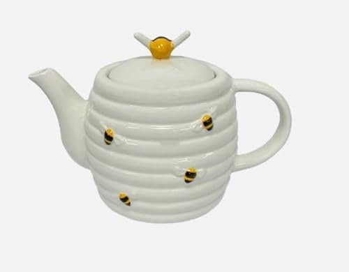 RA-HOMESTORE® New Ceramic Honey Bees Teapot with A Coordinating Bee-Shaped Knob for The Lid in White, Complete Your Bee Teaset with This Lovely Teapot, Makes A Lovely Gift