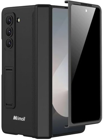 Miimall Kompatibel mit Samsung Galaxy Z Fold 6 Hülle mit Displayschutz Anti-Peeping+Magnetischer Scharnierschutz, Hart PC All Inclusive Stoßfest Schutzhülle mit Ständer für Z Fold 6 5G-Schwarz