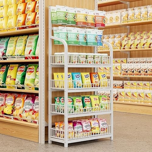Snack-Regal im Supermarkt Kommerziell Verkaufsständer für den Einzelhandel 4 Etagen, Metall Supermarkt-Snack-Regal für Zuhause Vorratskammer Speichert Theater, Chipstüten-Organisatormit Geländer(White