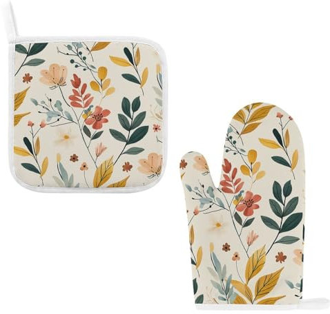 Oven Mitts and Pot Holders Mustard Yellow Flowers Oven Glove Hot Pads Heat Resistant Cooking Gloves Kitchen Potholders for Baking BBQ 2-Piece Set