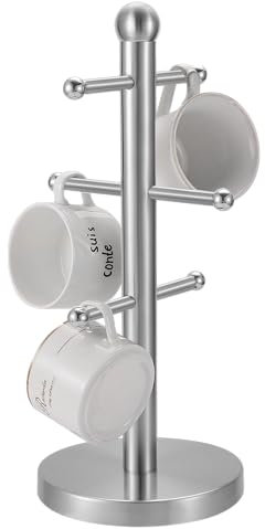 UNIQUE CRAFTS Mug Hanger Stand Tea Coffee Cup Holder with 6 Hooks | Modern Silver Mug Tree for Kitchen Storage and Organization | Durable Stainless Steel Countertop Rack | Space-Saving Cup Organizer