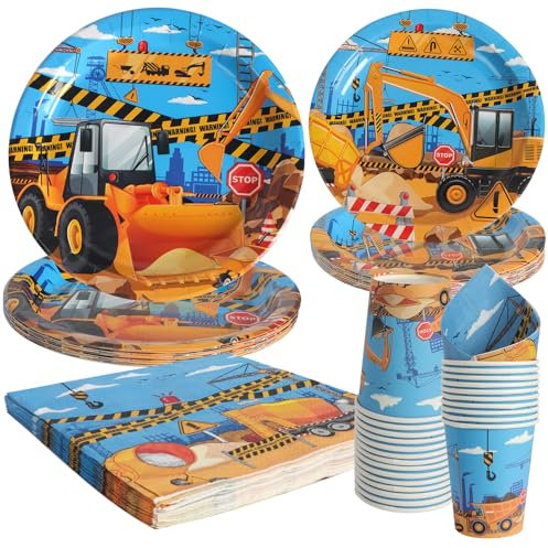 Blaues Baufahrzeug Partygeschirr 96 Stück Partyzubehör enthält Teller, Servietten, Pappbecher Ideal für Geburtstagsfeiern, Baby-Duschen, bis zu 24 Gäste.