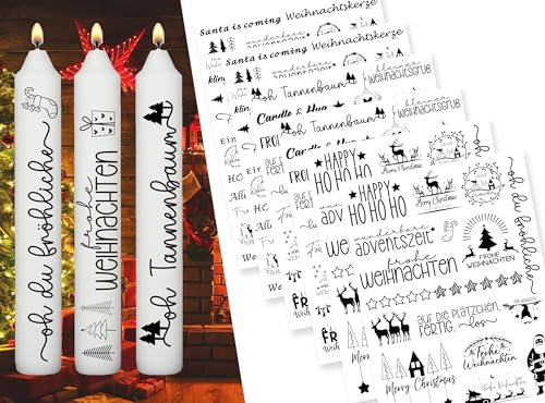 Sugeru 6 PCS Kerzentattoos Weihnachten (200+ Muster) - DIN A5,Wassertransferdruck | DIY asserschiebefolie Kerzenfolie | Kerzenaufkleber Weihnachts Sticker | Deko,Ostern,Adventskerze (Weihnachten IV)