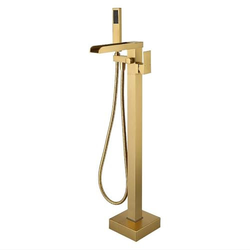 Robinet de baignoire à haut débit avec cascade, robinet de baignoire autoportant, robinet de salle de bain à poignée unique en laiton avec douchette à main, l'eau peut entrer par le côté, or brossé (