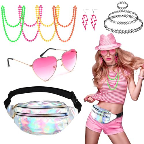 80er 90er Jahre Outfit Damen Accessoires, Aerobic Outfit 80er Damen Mottoparty für Neon Party Outfit, Karneval, Fasching