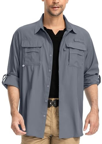 yeyity Herren Safari Hemd UPF50+ UV-Schutz Langarm Outdoor Hemd Casual Freizeithemden Schnelltrocknendes Funktionshemd für Wandern Angeln Reisen Trekking(5052,Dark Grey,L)