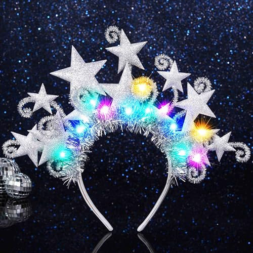 Fashband Leuchtender Stern Stirnband LED Glitzer Sterne Stirnbänder Göttin Kostüm Kopfschmuck Karneval Party Haarschmuck für Frauen (Silber, Einheitsgröße)