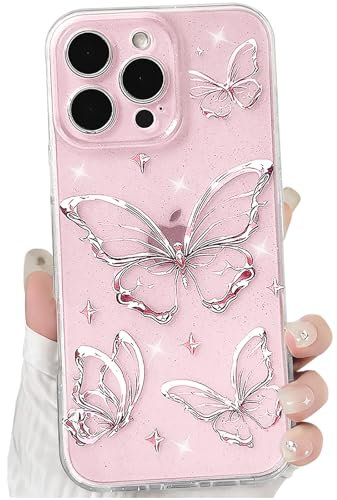 NITITOP Compatible with iPhone 16 Pro Max Case Cute Clear Glitter Butterfly Design Sparkly Bling Shiny Star Trendy Girls Women Soft Slim Anti-Yellow TPU Shockproof Protective Phone Cover - Pink