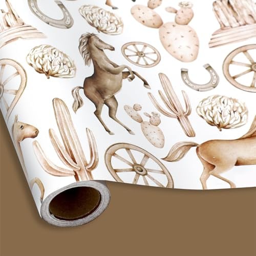 FYSUIMU Carta da regalo con cowboy occidentale, mini rotolo, 43 cm x 90 m, acquerello corsa di cavalli, cactus, carta da regalo su entrambi i lati, per fai da te, rodeo selvaggio West Rodeo forniture
