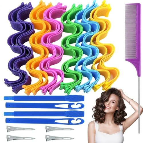 MSIHEY 34 Stück Lockenwickler Set, Heatless Curls Gemischte Farbe, Lockenwickler über Nacht mit 1 Beauty-Kamm und 2 Styling-Haken für Frauen & Mädchen alle Haarlängen (30cm)