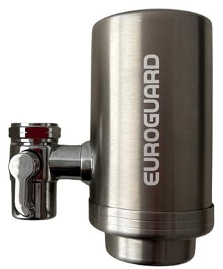 EuroGuard Wasserfilter für Wasserhahn aus Edelstahl – Aktivkohle-Filtersystem, reduziert Chlor, schlechten Geschmack und Geruch – einfach zu installierender Wasserhahnfilter (1 Kartusche im