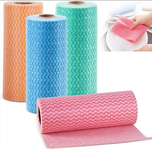 4 Rolls Cleaning Cloth Roll,19.5*25cm,Disposable & Reusable,Quick-Drying | All Purpose Cloths,Disposable Dish Cloth Roll,160 Sheets for Kitchen to Clean Surfaces Bathroom(Colour)