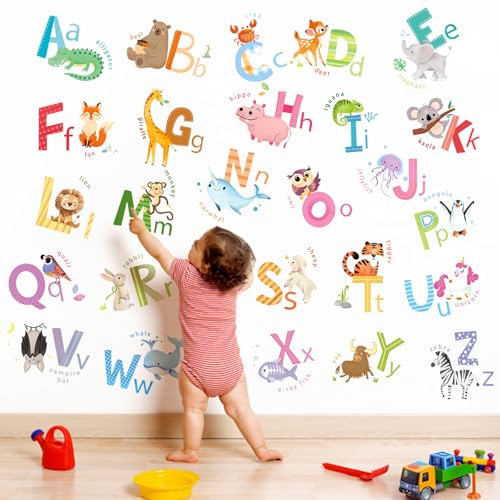 fufuquare Niedliche Karikatur Alphabet Wandtattoos mit Tieren, Pädagogische Ablösbare Wandaufkleber zum Aufkleben für Kinder Schlafzimmer Kinderzimmer Klassenzimmer