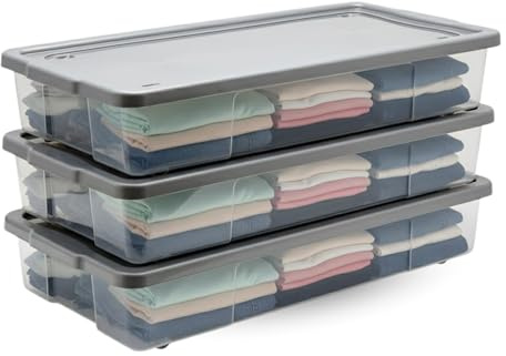 KYY'Z - 3x 47L Wheeled Underbed Storage Boxes Plastic Storage Containers on Wheels Ideal for Clothes Toys Bedding Organiser Stackable Home Bedroom Storage Clear Box with Grey Lid