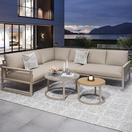 Xwiny Gartenmöbel Set, Balkonmöbel Set für 6-7 Personen, 5-teiliges, 1 Großes-Sofa, 2 Kleines-Sofa, 2 Tisch, Verzinktem Eisengestell, Verstellbare Beine, Polyester, Beige, Alle Kissen Inklusive