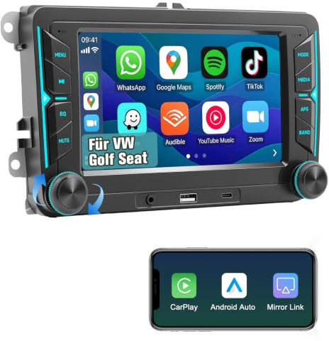 Radio de Coche para VW Golf 5 6 Passat Polo Tiguan Touran Caddy Skoda Seat 7 Pulgadas Pantalla Táctil Inalámbrico Carplay Radio con Android Auto Bluetooth Mirror Link FM Am RDS EQ USB Not Android