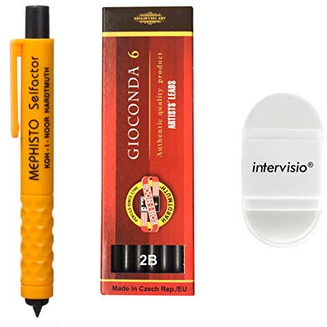Koh-I-Noor 5301 Mechanischer Fallminenstift 5,6 mm - Kunstoffminenhalter mit Graphitminen Set 4865 2B und intervisio Bleistiftspitzer mit Radiergummi - für Schule, Büro, Schriftsteller, Künstler