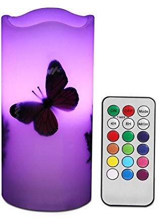 UNIVELA LED Candles Flameless Battery Operated with Remote Timer 6'' Tealight Butterfly & Plants Decor Real Wax Electric Candle Lights 12 Color Changing for Home&Kitchen Indoor/Outdoor Party