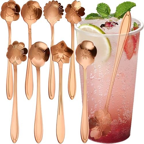 MINGZE Lot De 8 Cuillères à Café à Motif Floral, Créatives Fleurs Vaisselle en Acier Inoxydable, Ccuillères à Mélanger à Sucre à Thé Glacé à Glace, Cadeau Définir Spoon Accessoires (Or Rose)2