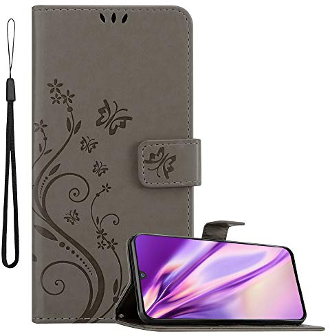 Cadorabo Hülle kompatibel mit Samsung Galaxy M30 / A40s Blumen Design aus Kunst Leder Flip Klappbare Magnetische [Standfunktion] [Kartenfächern] Cover Hülle für Galaxy M30 / A40s Tasche in Grau