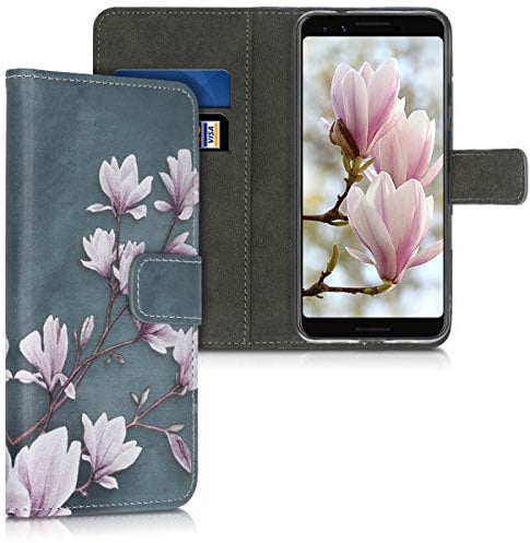 kwmobile Coque Portefeuille Compatible avec Google Pixel 3a Coque - Étui à Rabat Tissu Similicuir Compartiment Cartes - Taupe-Blanc-Bleu-Gris