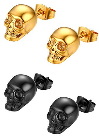 Cupimatch Totenkopf Ohrringe 2 Paare: Edelstahl Gothic Skull Ohrstecker 2 Farben Gold Schwarz Punk Jazz 3D Schädel Ohr-Piercing Earrings Hip Hop Ohrschmuck für Männer Jungen