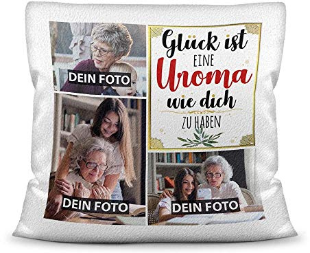 Print Royal Kissen mit Füllung - Fotocollage selbst gestalten mit Spruch für Uroma - GLÜCK - mit DREI eigenen Fotos - Geschenkidee Fotokissen - Kissen Polyester - Weiß flauschig