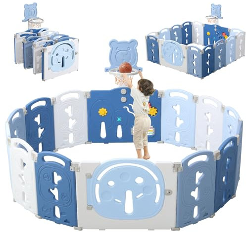 YOLEO Laufstall Baby 153×153 cm, Laufgitter Baby, Laufstall Faltbar, Laufgitter Faltbar, Kinderlaufstall mit Basketballkorb, Playpen mit Tür und Spielzeugboard, Playpen aus Kunststoff, Babyzaun, Blau