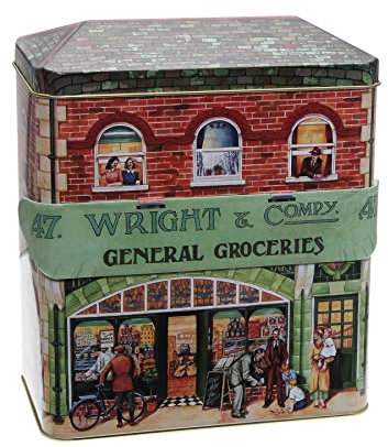 POWERHAUS24 nostalgische Retro XL-Blechdose Wright & Company Laden, Geschenk, Aufbewahrung, Spielzeug, Deko, ohne scharfe Kanten, lebensmittelecht, ca. 18 cm x 19,5 cm, 2 Rezepte inklusive