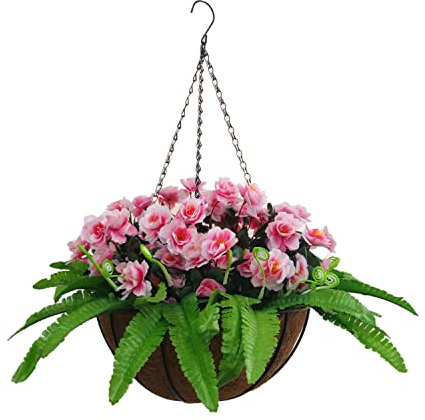 Haus und Außenhof Hübsche Seide Künstlicher Grüner Farn Persisches Gras Und Künstliche Rosa Azaleen Blume DIY Kette Hängender Korb Neujahrsdekoration (Small Basket)