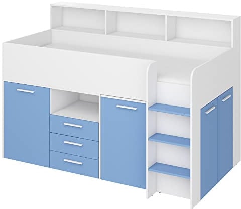 BIM Furniture Etagenbett NEO P Kindermöbel, Möbelset für Kinderzimmer, EIN Bett mit Schreibtisch, Regalen, Schubladen: Rechte Seite (weiß/blau)
