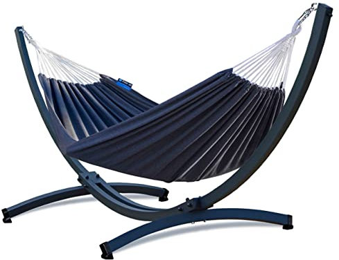 Potenza Outdoor Hängematte mit Tytan Gestell für 2 Personen I Baumwolle Doppelhängematte XXL 220x160, 200kg I Hängemattengestell 350 kg, wetterfest (Grau, Basic Gestell Graphit)