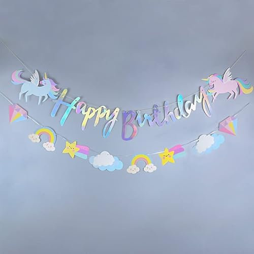 Jc.upin Unicorn Happy Birthday Banner - 2 Pack Rainbow Unicorn Party Supplies, Unicorn Themed Party Supplies Favors Bunting Banners with Sparkle Gold Glitter Kids Girls Birthday Wall Door Decoration