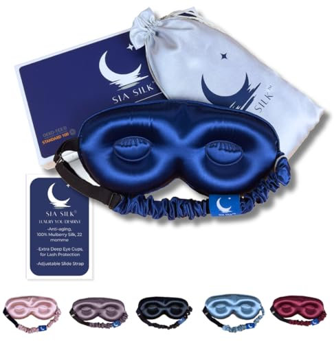 Silk Sleep Mask with Eye Cups – No-Pressure 3D Eye Covers for Sleeping with Eyelash Extensions – Made of Thick Memory Foam – Adjustable, Blackout Silk Eye Sleep Mask for Women & Men by Sia Silk -Navy