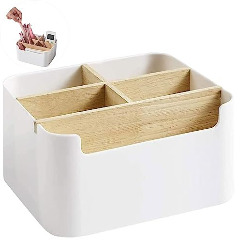 Capgoost Schreibtisch Organizer, Büro Organizer mit 5 Fächer, Stiftehalter Schreibtisch, Holz Desktop Aufbewahrungsbox, Bambus Tischorganizer, Desk Organizer für Stifte, Kosmetika, Schreibwaren(Weiß)