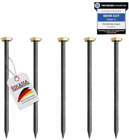 RIKAMA® – 10 Bildernägel mit 50 mm Länge – Stahlnägel für den Einsatz auf Beton, Ziegelstein, Putz & Holz – Nägel aus gehärtetem Stahl als Bilder Aufhängung – Made in Europe (Goldener Kopf, 50 mm)