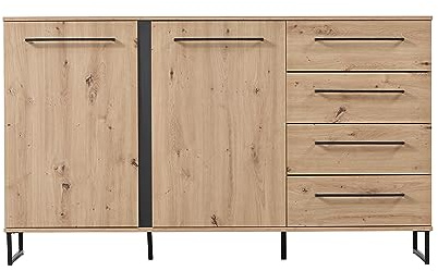 AVANTI TRENDSTORE Avetrana Kommode, Sideboard aus laminiertem Holz, Artisan Eiche und Schwarz, 2 Türen und 4 Schubladen, in verschiedenen Varianten erhältlich, Maße LAP 159 x 95 x 42 cm