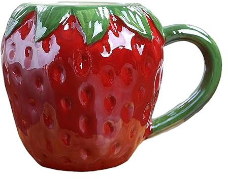 Kreative süße Haustier-Fruchtform-Keramiktasse, kreative orangefarbene europäische Kürbis-Büro-Tasse für Büro, Zuhause, Restaurant, Café, Teehaus, Erdbeere, 430-610 ml