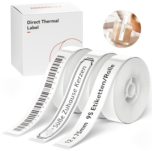 NIIMBOT Thermo Etiketten Selbstklebend, 12 x 75mm Etikettendrucker Thermopapier Kompatibel mit dem D110 D11 D101 H1S Etikettendrucker, 95 Etiketten/Rolle (3-Rollen-Pack, Weiß)