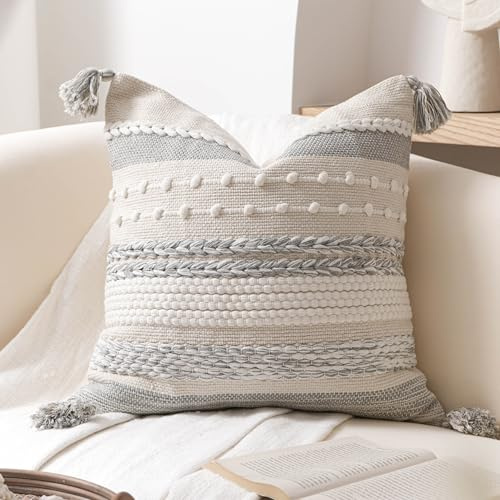 BlissBlush Boho-Kissenbezug, dekorativ, quadratisch, Landhaus-Akzentkissen für Couch, Sofa, Wohnzimmer, Schlafzimmer, modernes Heimdekor, 50,8 x 50,8 cm, Grau, 1 Stück