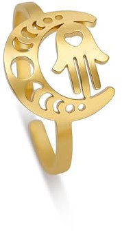 EUEAVAN Jüdische Chai Ringe Hebräische Buchstaben Anhänger Mondsichel Ringe Symbole des Lebens Klassischer Jüdischer Chai Jüdisch Inspirierter Schmuck für Frauen Verstellbar (Hamsa Hand ring gold)